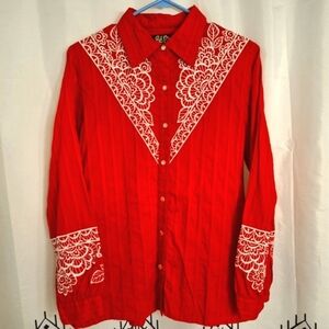 EUC Bob Mackie red western pearl button-up embroidered shirt sz small